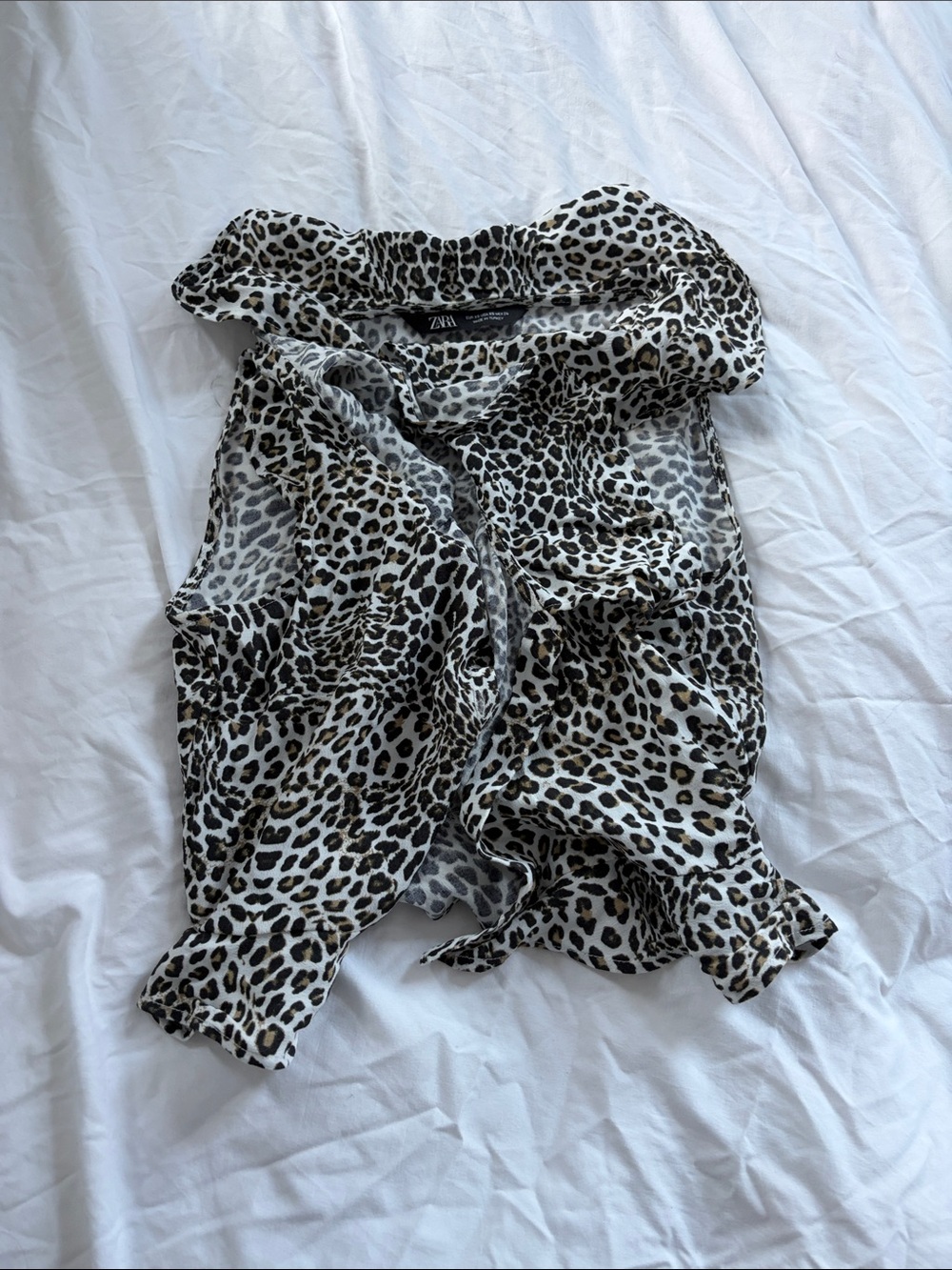 Zara Leopard Print Ruffle Sleeveless Top - Black, White, Brown